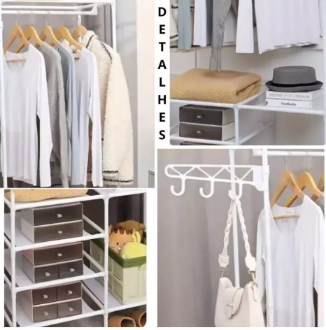 Arara Armário Com Sapateira Cabideiro e Prateleiras Preto / Branco Guarda Roupa Portátil Arara Multifuncional