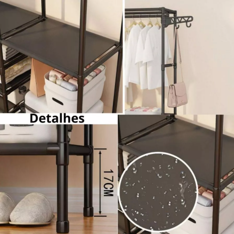 Arara Armário Com Sapateira Cabideiro e Prateleiras Preto / Branco Guarda Roupa Portátil Arara Multifuncional