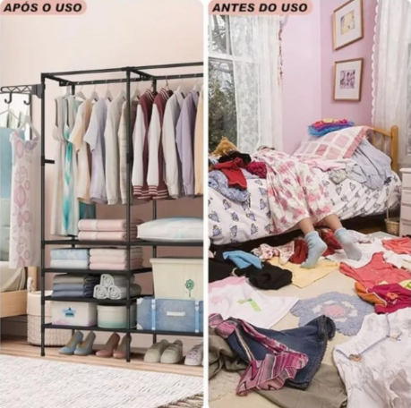 Arara Armário Com Sapateira Cabideiro e Prateleiras Preto / Branco Guarda Roupa Portátil Arara Multifuncional